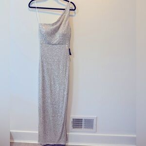 NWT Express Silver and Cream Sequin One Shoulder Floor Length Dress Size XS